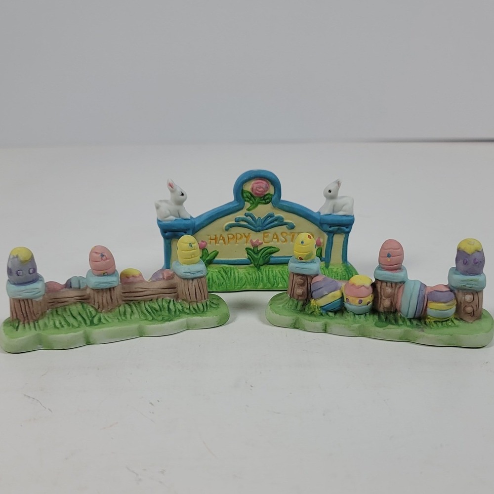 Cottontale Cottages Easter Village Accessories Porcelain Sign & Fence 3pc Set